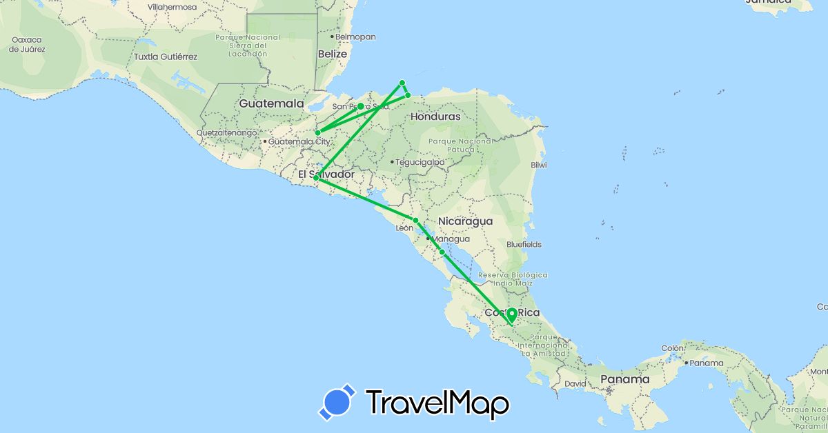 TravelMap itinerary: driving, bus in Costa Rica, Honduras, Nicaragua, El Salvador (North America)